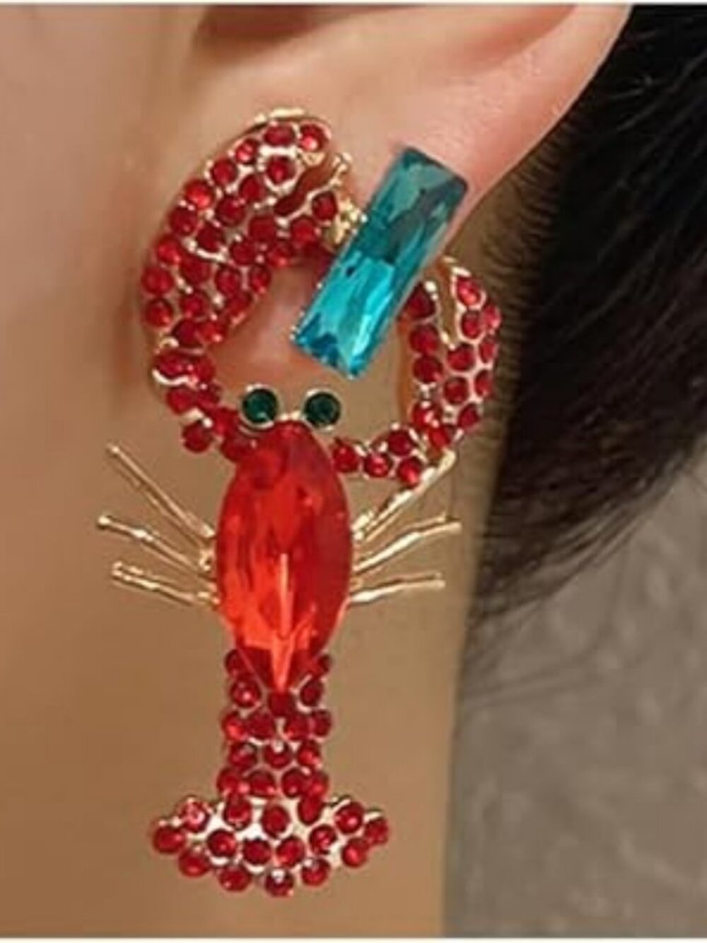 Red Rhinestone Lobster Dangle Earrings for Women Colorful Fun Set